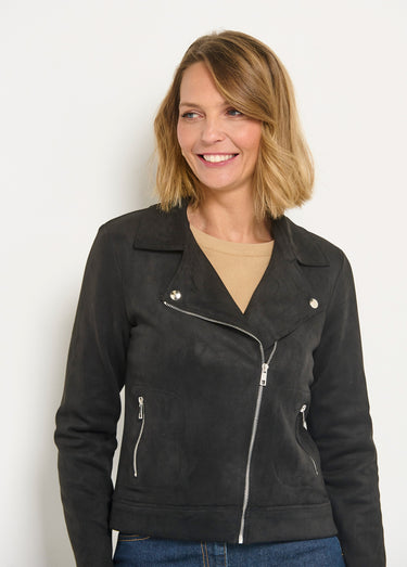Veste motard zippée courte en suédine Noir