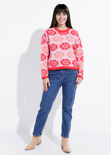 Pull court en maille motif fleuri Rose/Rouge