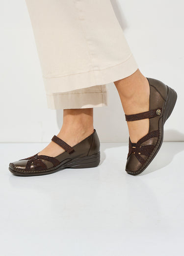 Ballerines largeur confort cuir scratchées Marron