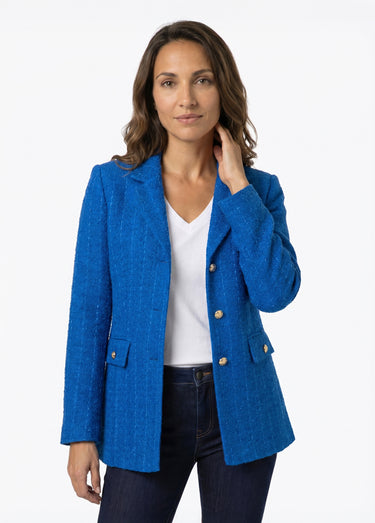 Veste droite boutonnée tissu natté col tailleur Bleu Dur