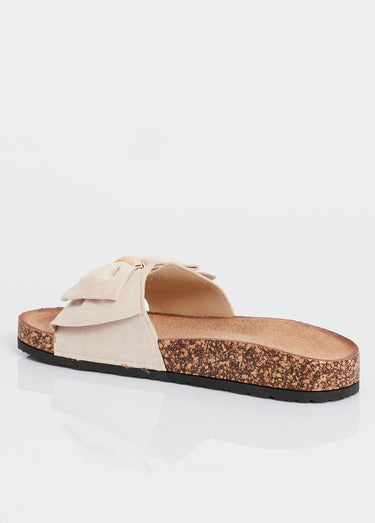 Mules plates effet liège avec nœud tissu Beige
