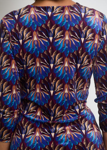Robe en velours imprimé taille drapée Bleu/Camel