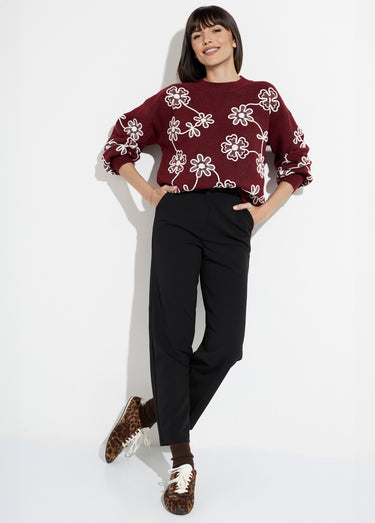 Pull montant application fleurs brodées Bordeaux