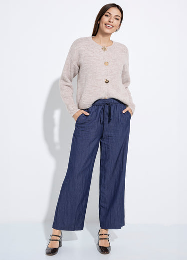Pantalon fluide élastiqué twill uni Bleu