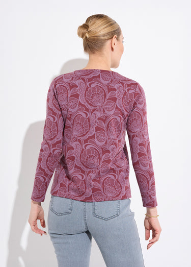 T-shirt jacquard fleuri col rond Bordeaux/Rose