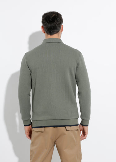 Pull maille fantaisie, col polo boutonné Kaki