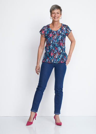 T-shirt court dentelle imprimée Marine/Fuchsia