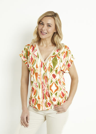 T-shirt col V ample manches courtes Vert/Terracotta