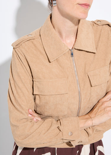 Blouson zippé court velours grosses cotes Beige
