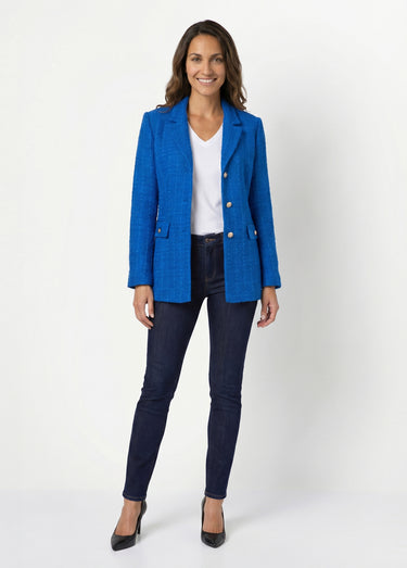 Veste droite boutonnée tissu natté col tailleur Bleu Dur