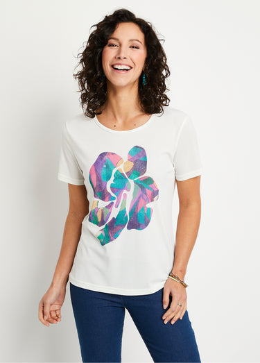T-shirt col rond avec motif fleuri Fond Ecru