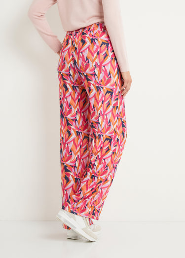 Pantalon large taille élastiquée feuillage Marine/Rose
