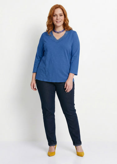 T-shirt manches 3/4 coton et macramé Bleu