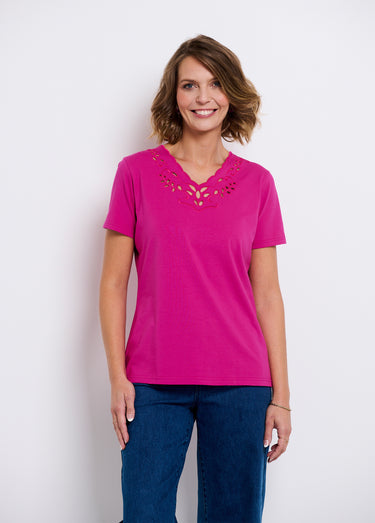 T-shirt col V ajouré brodé Fuchsia