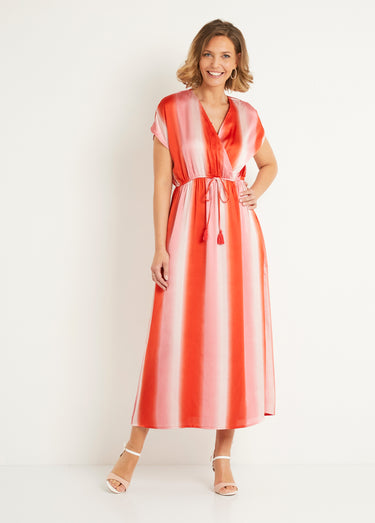 Robe longue à rayures taille à nouer Imprime Corail