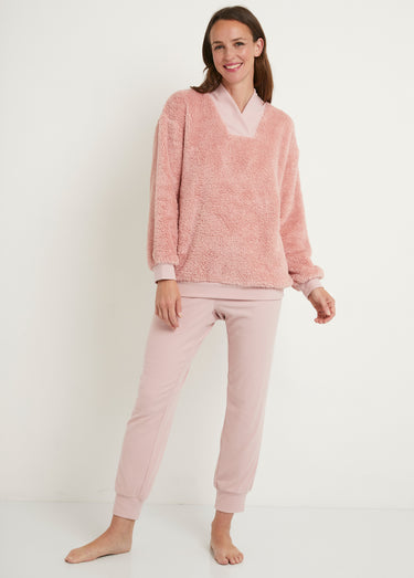 Pyjama uni chaud col V manches longues peluche Vieux Rose