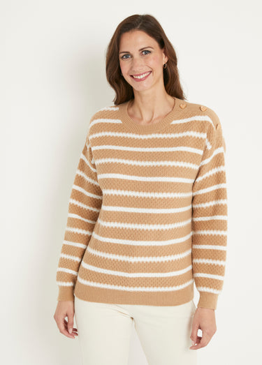 Pull doux rayé col rond maille fantaisie Camel/Ecru