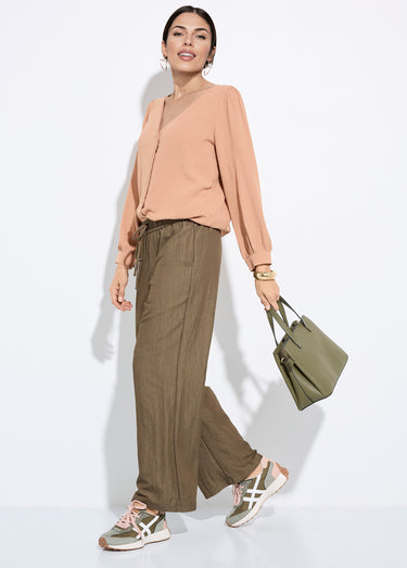 Pantalon fluide élastiqué twill uni Kaki