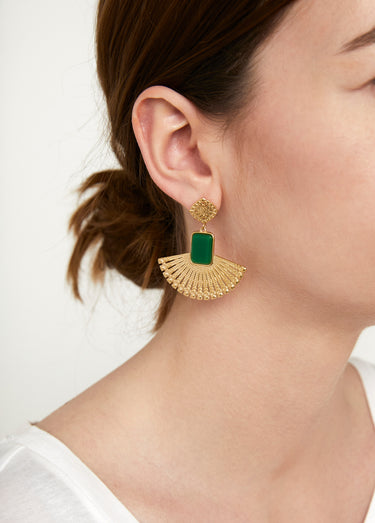 Boucles d'oreille acier forme éventail Dore/Vert