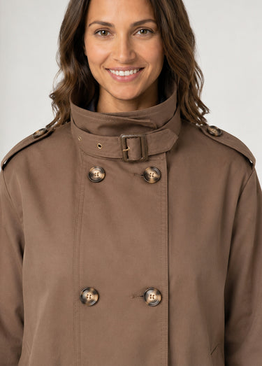 Trench court boutonné, taille bouffante Chocolat