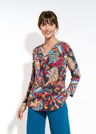T-shirt col V manches longues imprimé Groseille/Bleu