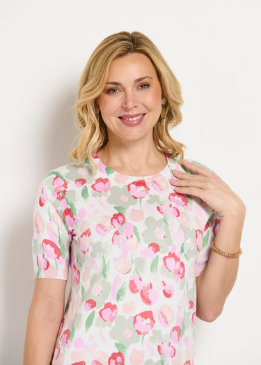 Pull doux manches courtes col rond Vert/Coquelicot