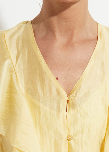 Blouse col V boutonnée à volants Jaune