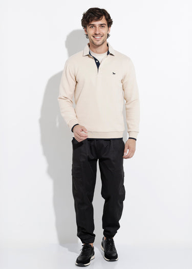 Pull maille fantaisie, col polo boutonné Beige