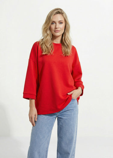 Sweat shirt large col rond, manches 3/4 Rouge