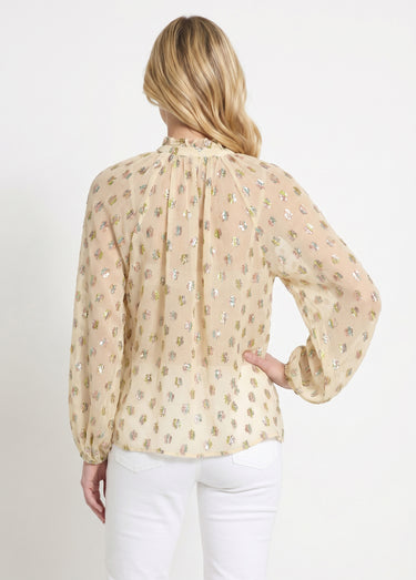 Blouse voile motifs métallisés encolure V Ecru
