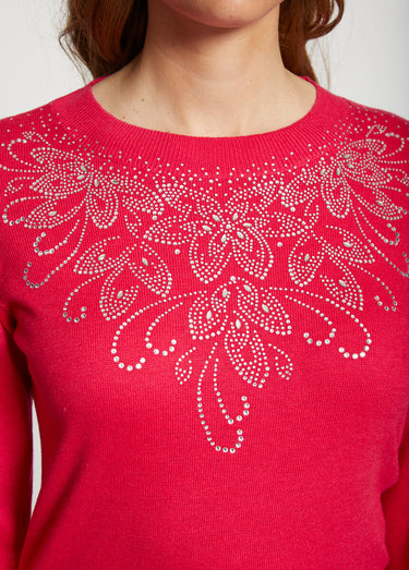 Pull doux strass col montant Rose Indien