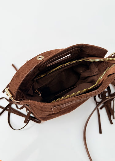 Sac bandoulière à franges, aspect suédé Chocolat