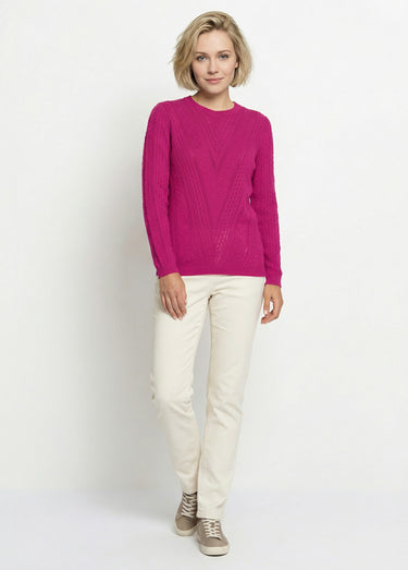 Pull col rond maille ajourée et boules Fuchsia