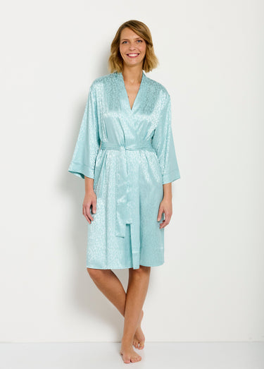Peignoir kimono satiné mi long imprimé léopard Menthe