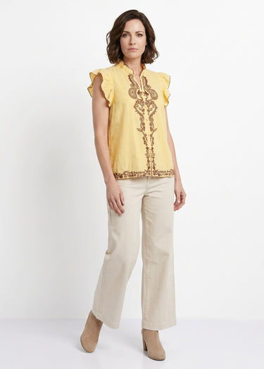 Blouse à sequins et broderies et volants Jaune