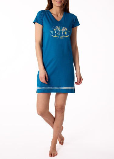 Nuisette courte motif placé tropical Bleu