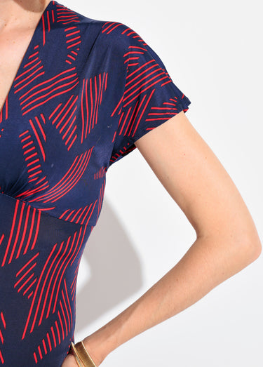 Robe longue manches col V motif graphique Marine/Bordeaux