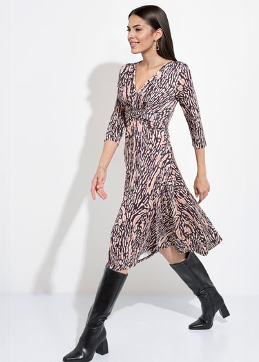 Robe fluide taille drapée motif tigré Noir/Beige