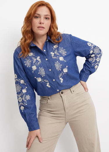 Chemise en jean avec broderies fleurs Bleu Jean