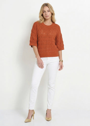 Pull manches courtes en maille ajourée Paprika