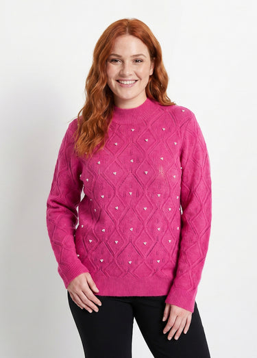Pull doux ajouré perlé col montant Rose
