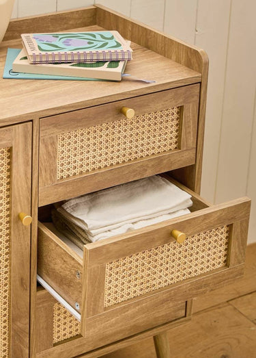 PALMO Commode cannage 3 tiroirs + porte Bois Clair