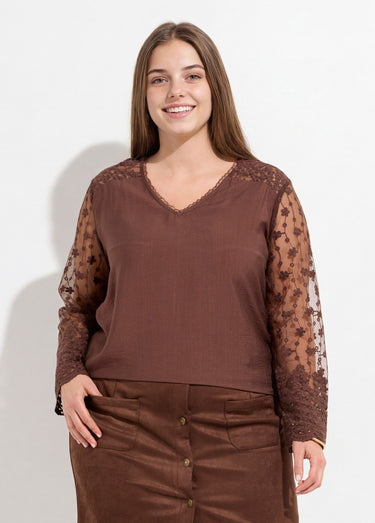 Tunique col V et manches dentelle fleurie Marron