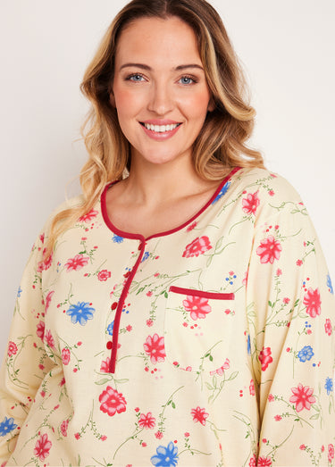 Chemise de nuit coton fleuri manches 3/4 Fond Jaune