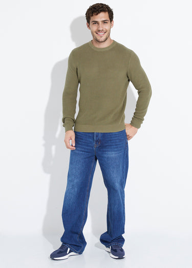 Pull col rond maille torsadée pur coton Kaki