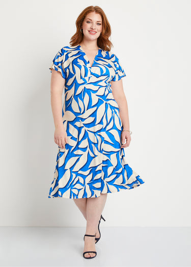 Robe courte évasée motif feuilles Bleu / Écru