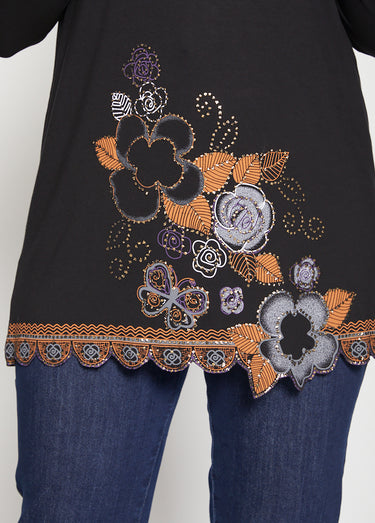 Tunique longue motif pailleté fleurs Noir
