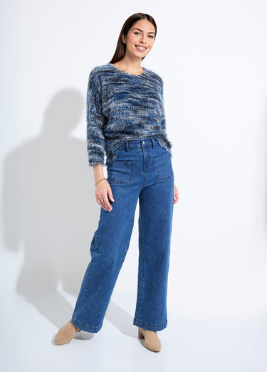 Pull maille poilue manches chauve-souris Bleu