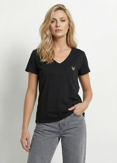 T-shirt col V broderie léopard fluo Noir