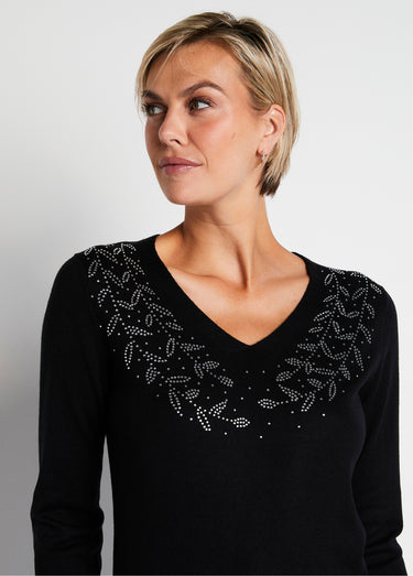 Pull col V strassé manches longues Noir